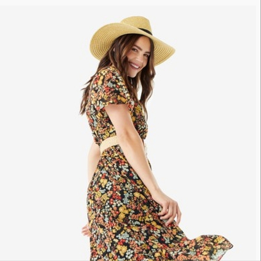 Kensie Tan Woven Straw Hat W/ Black Ribbon Accent, OS ~ NWT
